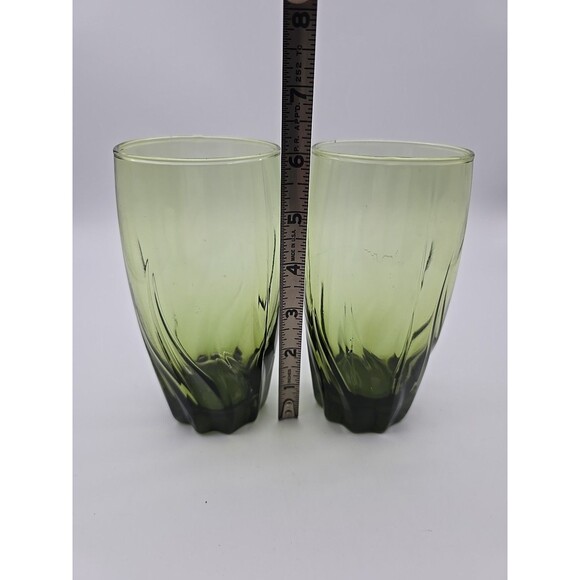 Vintange Anchor Hocking MCM Olive Green Starfire Swirl Central Park Set of 2 - Picture 5 of 7